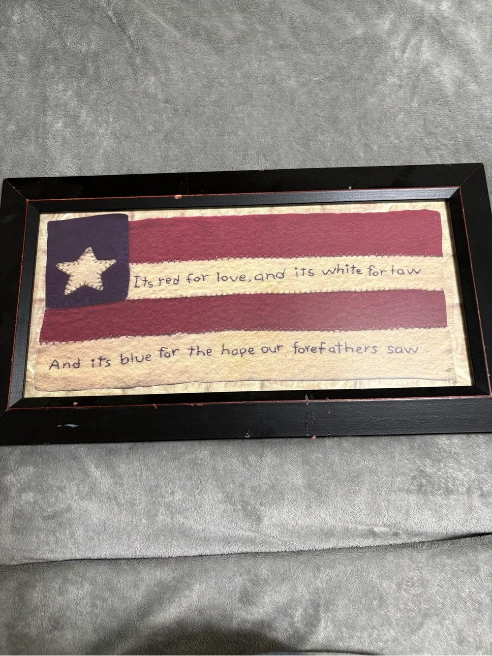 Source Unknown Framed Patriotic Fabric Art - Red, Blue, Cream